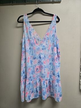 Lilly Pulitzer Semi Sheer Blue, Pink & White Sailboat Print Swim Coverup Large